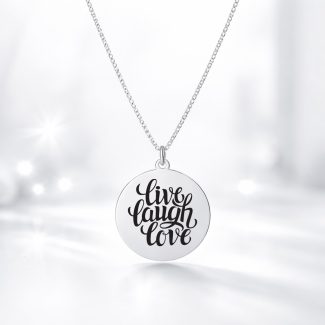 Lănțișor din argint cu pandantiv bănuț gravat Live, laugh, love argint rodiat, 40 cm – Silversy