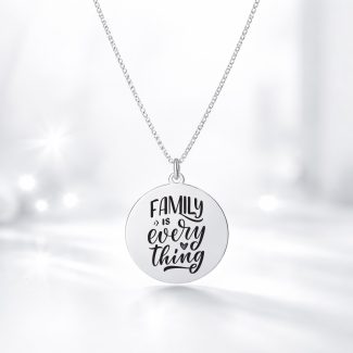 Lănțișor din argint cu pandantiv bănuț gravat Family is everything, argint rodiat, 40 cm – Silversy