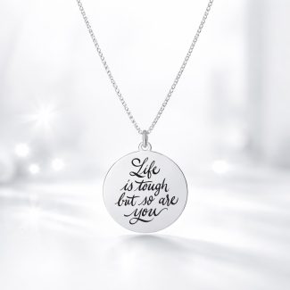Lănțișor din argint cu pandantiv bănuț gravat Life is tough but so are you, argint rodiat, 40 cm – Silversy
